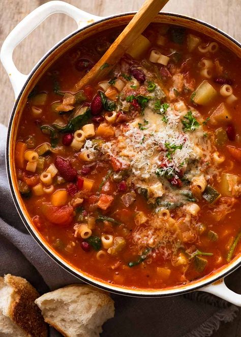 Overhead photo of pot of Minestrone Soup Chunky Soups, Minestrone Soup Easy, Minestrone Soup Recipe, Soup Broth, Recipetin Eats, Recipe Tin, Small Pasta, Minestrone Soup, Broth Recipes