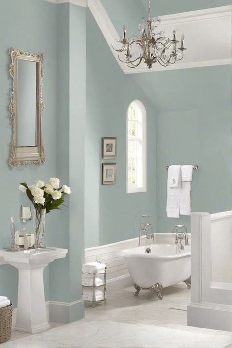 interior designer services,home design ideas,paint color consultation,luxury interior design Small Bathroom Wall Colors, Sw Misty, Relaxing Bathroom Colors, Tray Ceiling Bedroom, Blue Bathroom Walls, Bathroom Wall Colors, Bathroom 2024, Materials Board Interior Design, Bath Powder