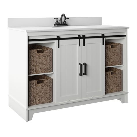 48" Sliding Barn Door Single Bathroom Vanity with Woven Baskets - Bed Bath & Beyond - 35985010 Farmhouse Vanity Bathroom, Easy Home Upgrades, Master Bath Renovation, Farmhouse Vanity, Boys Bathroom, Sliding Barn Door, Home Improvement Store, Barn Doors Sliding, Home Upgrades