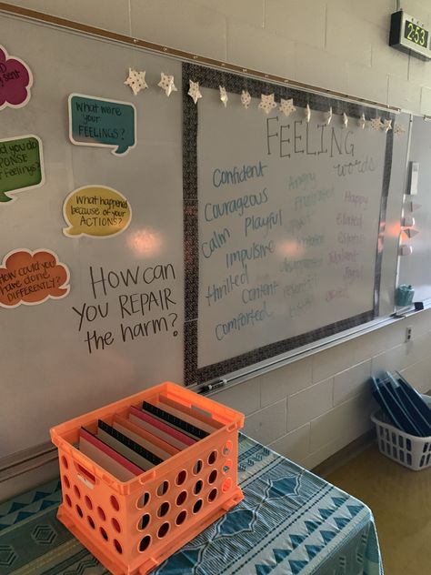 Reset Rooms For School, Restorative Practices School, Reflection Room, Mindful Activities For Kids, Feeling Words, Restorative Practices, Mindful Activities, Feelings Words, School Room