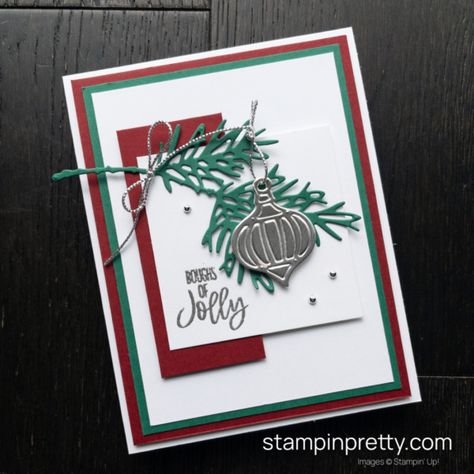 Decorated Pine Dies Cards, Su Decorated With Happiness Cards, Stampin Up Decorated With Happiness, Decorated With Happiness, Fun Holiday Cards, Homemade Holiday Cards, Mary Fish, Stampin Pretty, Christmas Card Ornaments