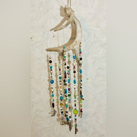 Newly Hand Made Deer Antler Suncatcher. Deer Antlers With Beads Strung On Hemp Hangs 27 Inches Decorating Antlers, Crafts With Antlers, Antler Suncatcher, Deer Horns Decor, Diy Antler Projects, Deer Antlers Diy, Deer Antler Art, Diy Antler, Diy Antlers