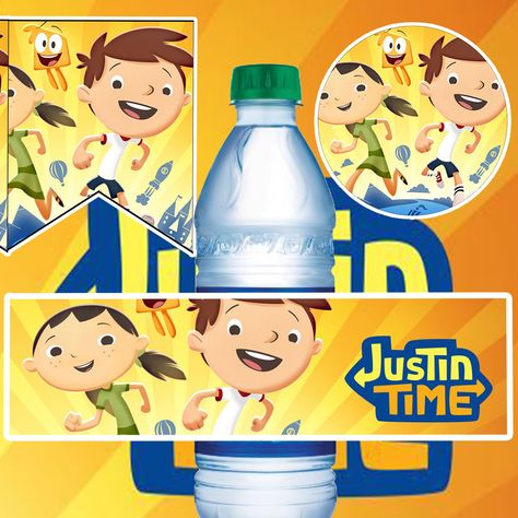 Justin Time, Water Bottle Label, Party Printable, Water Bottle Labels, Episode 3, Bottle Labels, 5th Birthday, Party Printables, Cupcake Toppers