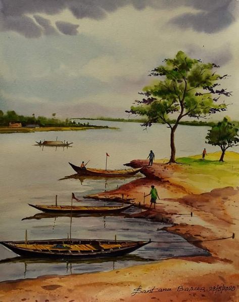 Watercolour Boat Painting, Watercolour Scenery Easy, Daily Life Composition Painting, Watercolor Scenery Painting, River Drawing, Village Scenery, Drawing Themes, Bangladesh Travel, Landscape Collage