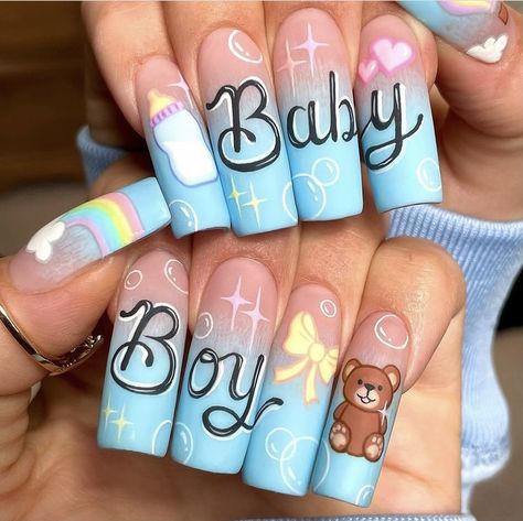 Gender Reveal Nails Ideas Simple, Gender Reveal Nails Ideas, Baby Shower Nails Boy, Maternity Nails, Baby Boy Nails, Baby Nail Art, Reveal Nails, Baby Blender, Gender Reveal Nails