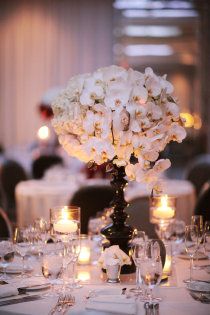 Romantic Flower Box Arrangements, Sophisticated Wedding Reception, Wedding Floral Decorations, Orchid Centerpiece, Floral Centrepiece, Beverly Hills Wedding, Bouquet Centerpiece, Table Ornaments, Tall Wedding Centerpieces