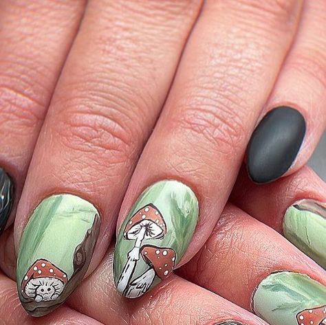 Acorn Nail Art, Witchy Fall, Mushroom Core, Cottage Core Art, Mushroom Tattoos, Kawaii Tattoo, Matte Top Coat, Painted Nail Art, Cottage Core Aesthetic