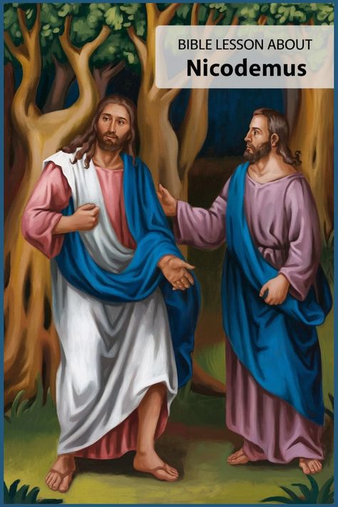 Two men in biblical robes having a conversation in a forest setting, with a heading about a Bible lesson on Nicodemus. Nicodemus And Jesus, Spiritual Eyes, John 8 12, Jesus Teachings, Bible Study Group, Spiritual Truth, John 3 16, Everlasting Life, John 3