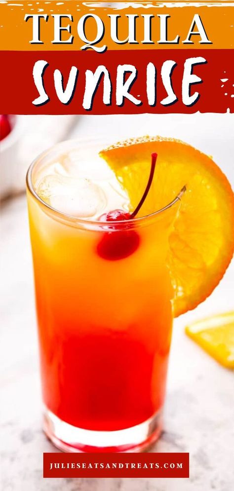 Here's an easy cocktail recipe for whenever you crave a cold, refreshing alcoholic drink! Not only is this classic tequila sunrise fruity and delicious, but it is also beautiful. Perfect for a brunch… More Easy Fruity Drinks, Tequila Orange Juice, Fruity Summer Cocktails, Refreshing Drinks Alcohol, Fruity Drink Recipes, Tequila Drinks Recipes, Beautiful Drink, Easy Cocktail Recipe, Tequila Sunrise Cocktail