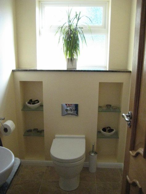 Built in shelving around toilet Glass Shower Shelves, Toilet Shelves, Bathroom Cabinets Designs, Bathroom Shelf Decor, Over Toilet, Tempered Glass Shelves, Shower Shelves, Main Bathroom, Stud Walls