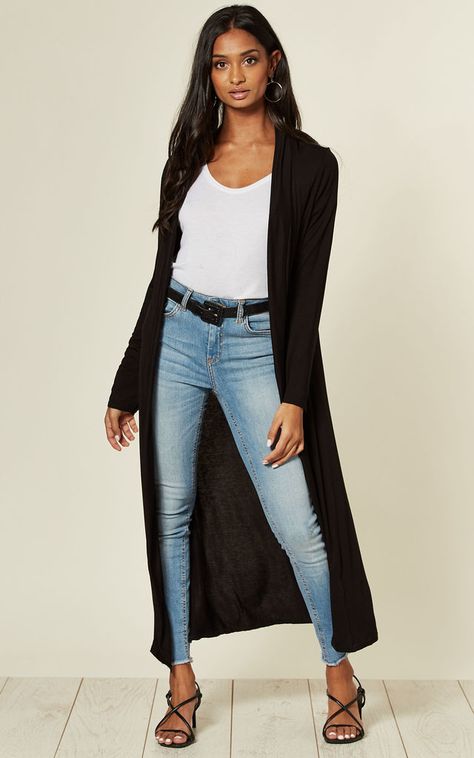 Jersey Longline Cardigan In Black | Aftershock London | SilkFred Black Cardigan Outfit Spring, Long Line Cardigan Outfit, Long Black Cardigan Outfit, Black Cardigan Outfit, Long Black Sweater, Outfit Ideas For Black Women, Over 40 Outfits, Long Black Cardigan, Jersey Cardigan