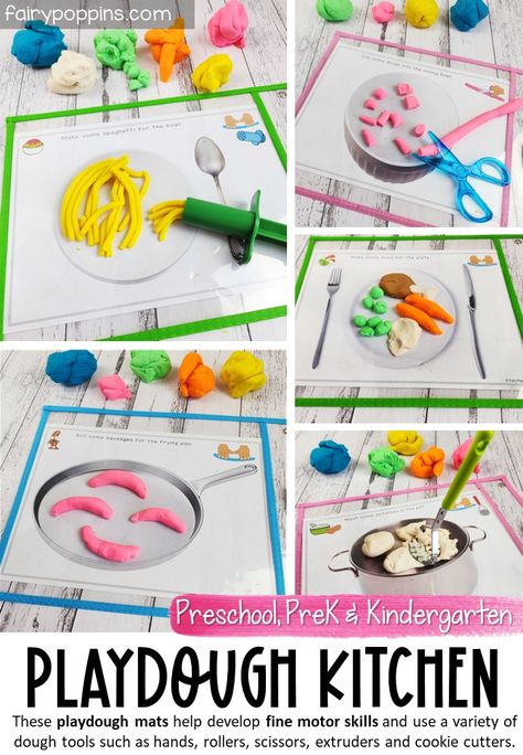 These printable playdough mats help kids learn to use playdough tools and are a great addition to any playdough center! The kitchen theme helps kids develop fine motor and pretend play skills too. #playdoughmats #playdoughcenter #playdoughkitchen #playdoughtools #playdoughactivities #prekfinemotor #preschoolfinemotor #kindergartenfinemotor #finemotoractivities Table Time Activities, Playdough Center, Fairy Poppins, Fine Motor Centers, Conceptual Learning, Playdough Tools, Fine Motor Activities For Kids, Playdough Activities, Preschool Centers