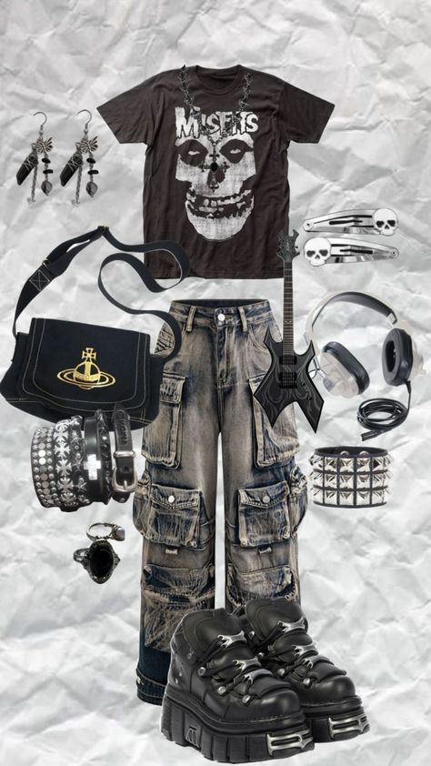 #music #outfitinspo #vibes #misfits #outfit #grunge #y2k #darky2k #fairygrunge #rock #metal #vibes Misfits Outfit, Outfit Ideas Concert, Metalhead Fashion, Metal Outfit, Street Style Outfits Casual, Grunge Fits, Punk Style Outfits, Silly Clothes, Concert Outfit Summer