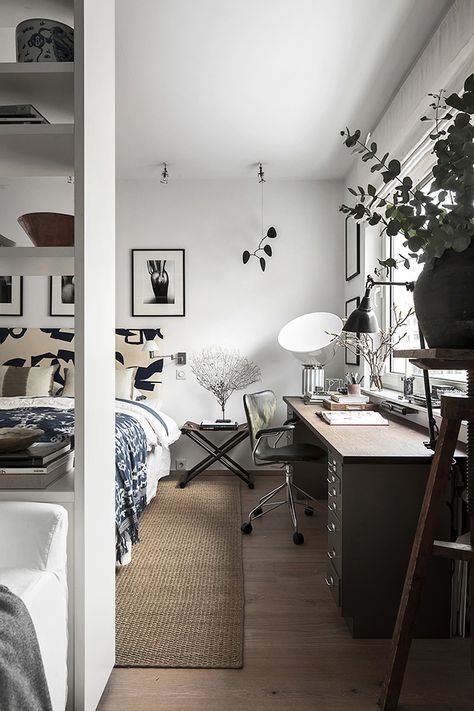 Bedroom With Workspace, Bedroom Workspace, Design Studio Workspace, Cute Dorm Rooms, Small Room Design, Scandinavian Interior Design, Compact Living, Interior Designing, Bedroom Designs