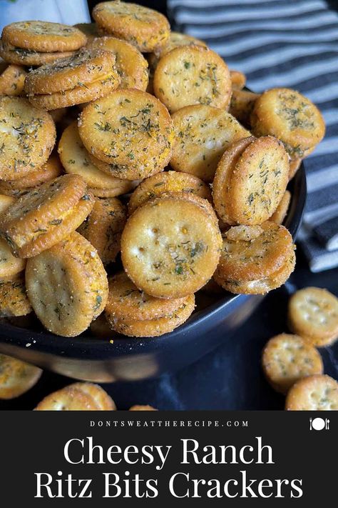 Cheesy Ranch Ritz Bits Crackers are the perfect snack for game days, barbecues, gatherings, parties, or movie nights at home! A poppable treat anytime! Cheesy Ranch Ritz Crackers, Cheesy Ranch Ritz Bits, Ritz Ranch Crackers, Ritz Bits Snacks, Ritz Bits Ranch Crackers, Snack Mix With Ritz Bits, Cheesy Ranch Crackers, Ritz Cheese Cracker Recipes, Ritz Bitz Cheese Crackers