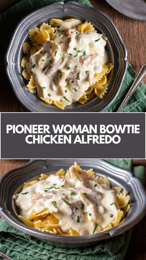 Pioneer Woman’s Bowtie Chicken Alfredo is made with bowtie pasta, tender chicken, butter, salt, pepper, garlic, dry white wine, half-and-half, heavy cream, chicken broth, parmesan, and parsley resulting in a creamy pasta dish that takes 25 minutes to be ready! Pioneer Woman Bowtie Chicken Alfredo, Pioneer Woman Bowtie Pasta, Pioneer Woman Cajun Chicken Alfredo, Chicken Alfredo With Bowtie Pasta, Bow Tie Chicken Alfredo, Pioneer Woman Chicken Alfredo, Chicken And Bowtie Pasta Recipes, Alfredo Bowtie Pasta, Creamy Bowtie Pasta Recipes