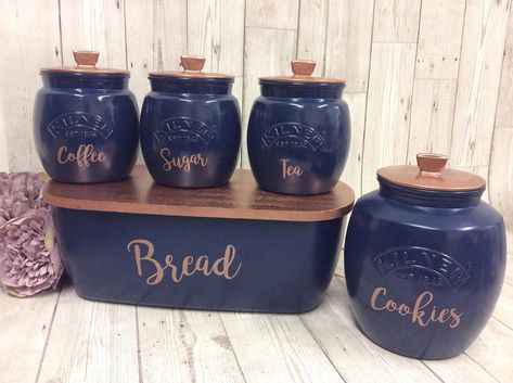 Excited to share this item from my #etsy shop: Navy and gold copper  white Painted Retro Push Lid Kitchen canister... Blue Black And Copper Kitchen, Copper Navy Kitchen, Navy Blue Country Kitchen, Navy Blue Kitchen Decor Ideas, Navy Blue And Copper Kitchen, Navy And Rose Gold Kitchen, Copper Kitchen Accents Decor, Navy Kitchen Accessories, Navy And Copper Kitchen