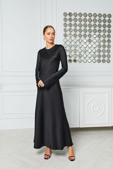 Fabric: Satin Viscose 35%, Polyester 35%, Cotton 20% Nylon 10% Long sleeve Backless Maxi length Modest Elegant Dress, Black Winter Bridesmaid Dresses, Modest Black Dresses, Black Modest Bridesmaid Dresses, Modest Elegant Dresses, Modest Black Dress, Black Dress Work, Burgundy Long Sleeve Dress, Bene Gesserit