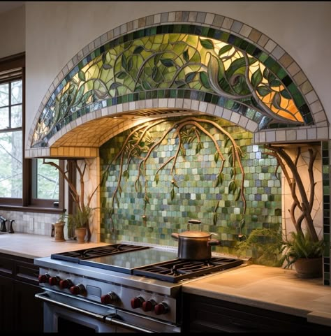 Appartment Interiors Aesthetic, Mosaic Interior Design, Botanical Kitchen, Dream Life House, House Aesthetic, زجاج ملون, Dream House Rooms, Fantasy House, Earthship