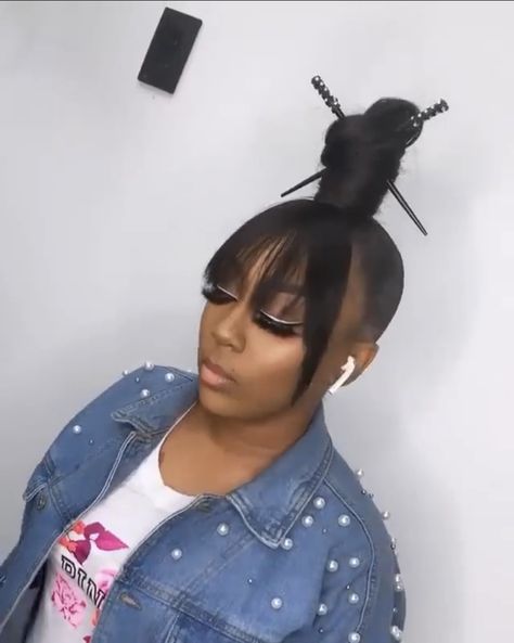 Bun With Chinese Bangs Black Women, Chinese Updo Hairstyles, Bun And Bangs For Black Women, Chinese Bangs Black Women, Bangs Black Women, Vanity Singer, Chinese Bangs, Nicki Minaj Hairstyles, Black Ponytail