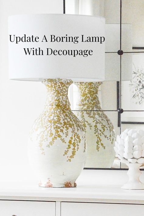 Update a boring lamp with Decoupage. Here's a step-by-step easy DIY project to add life to an old lamp. Lamp Base Diy, Decoupage Lampshade, Diy Flower Pillow, Decoupage Lamp, Lamp Diy, Painting Lamp Shades, Decoupage Tissue Paper, Decoupage Glue, Decorative Napkins