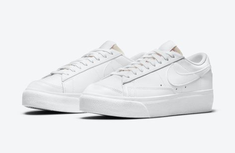 Nike Blazer Low Platform White DJ0292-100 Release Date Nike Blazer Low Top Platform, Platform Low Blazers, Women's Nike Blazer Low Platform Casual Shoes, Nike White Low-top Platform Sneakers, Nike Blazer Low Platform All White, White Platform Shoes, White Platform, Nike Blazer, White Style