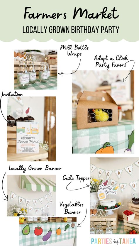 Celebrate the special day with a unique birthday party theme – a Farmers Market! Our Farmers Market Birthday Party Decor Kit includes all the necessary supplies to make your celebration extraordinary. Featuring a colorful and gender-neutral decor, this kit is perfect for any age kid. From banners and pom-poms to balloons and tableware, everything you need is included. Click through to see all the buying options and create a birthday party to remember today! Farmer’s Market Themed Party, French Farmers Market Party, Farmers Market Favors, Produce Themed Party, Farmers Market First Birthday Party, Locally Grown First Birthday, Farmers Market Decor Ideas, Farmers Market Birthday Party Invitation, Farmers Market Birthday Party Food