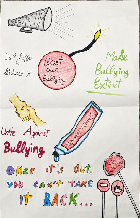 Anti-Bulling Poster Bulling Poster, Stop Bulling Posters, Anti Ragging Posters Ideas, Bully Quotes, Anti Bully Quotes, Stop Bulling, College Poster, Simple Poster, Meaningful Drawings