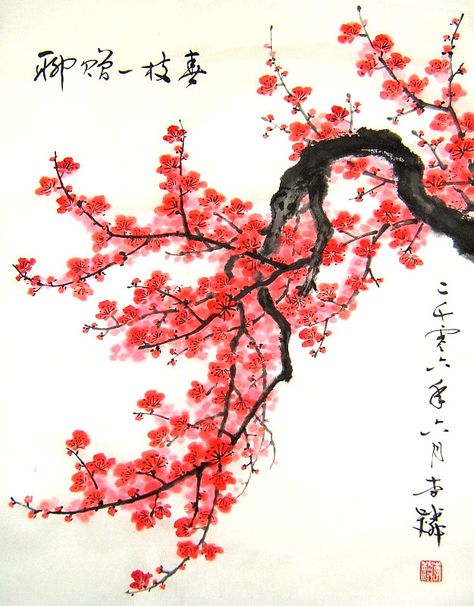 Tattoo Roses, Prunus Mume, Cherry Blossom Painting, Frida Art, Art Chinois, Chinese New Year Decorations, Asian Painting, Art Asiatique, Blossoms Art