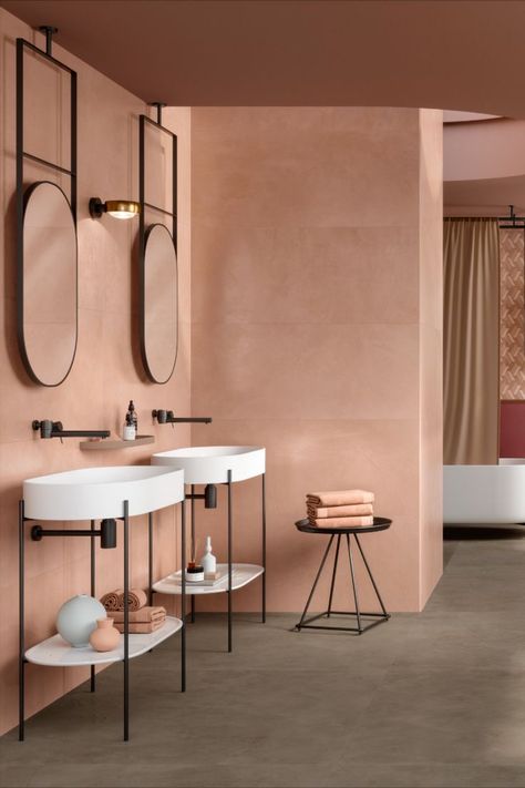 Pink Concrete Texture, Concrete Tiles Bathroom, Colourful Bathroom Ideas, Earth Tone Bathroom, Bathroom Concrete Floor, Microcement Walls, Wood Block Flooring, Coloured Concrete, Cement Bathroom