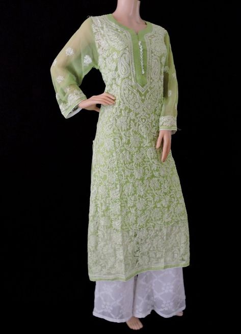 ISHIEQA's Green Georgette Chikankari Kurti - DC1802C Chikenkari Dress Ideas Kurti, Chikankari Suits Design, Green Chikankari Embroidered Lawn Suit In Chinon, Chicken Kurti Designs, Chikan Kari Kurti, Chikenwork Kurti Design, Semi-stitched Chikankari Lawn Suit, Chicken Kari Kurti, Chicken Kari Kurta