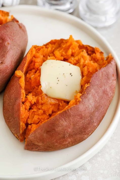 Everyone should learn how to cook a sweet potato in the microwave! And with this simple recipe, it's easy to do! Cooking a sweet potato in the microwave is quicker and easier to do than roasting in the oven, and they are ready to enjoy in no time. Mash and serve with butter, salt and pepper for the best side dish ever! #theshortcutkitchen #howtocookasweetpotatointhemicrowave #howtomicrowaveasweetpotato #microwavesweetpotatorecipe Oven Scalloped Potatoes And Ham, Quick Scalloped Potatoes And Ham, Easy Scalloped Potatoes And Ham Simple, Ham And Boxed Scalloped Potato Casserole, Scalloped Potatoes And Ham No Cheese, Baked Cornish Hens, Brussel Sprouts Au Gratin, Stuffing Recipes Crockpot, Microwave Sweet Potato