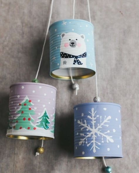 Tin Can Christmas Decorations, Recycled Christmas Decorations, Tin Can Art, Aluminum Can Crafts, Tin Can Crafts, Can Crafts, Christmas Decor Ideas, Recycled Crafts, Christmas Crafts For Kids