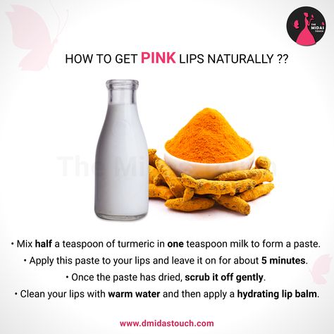 Turmeric is a well-known Ayurvedic ingredient that helps in treating pigmentation. But its not just use for skin brightening you can also use it for treating your dark lips. Yes! Turmeric combined with milk is used for treating dark lips. Repeat this process on alternate days to get the best result. You can apply it on your lips at any time of the day. And Let us know about result! #homeremedies #tips #tipsandtricks #tipsforgirls #tipsfordarklips #darklips #lips #tipsoftheday #tipoftheday Turmeric Lip Mask, How To Treat Dark Lips, How To Brighten Dark Lips, Dark Lips Remedy Overnight, Lips Brightening Tips, How To Get Rid Of Dark Lips, Darkness Around Lips, Remedies For Dark Lips, Dairy Free Breastfeeding