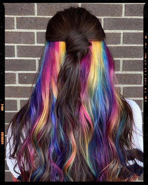 Hair Color Idea - Peek-a-Boo Rainbow Hair Peek A Boo Hair, Exotic Hair Color, Unicorn Hair Color, Hair Rainbow, Underlights Hair, Lumpy Space, Rainbow Hair Color, Hair Color Crazy, Hot Hair Colors