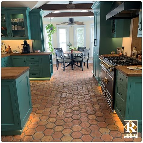 Hexagon Spanish Tile | Saltillo Flooring (Photos | Shipped by Rustico Tile Saltillo Tile Kitchen, Spanish Tile Kitchen, Modern Kitchen Tile Floor, Kitchen Floor Tile Design, Spanish Floor Tile, Modern Kitchen Flooring, Saltillo Tile, Brick Kitchen, Spanish Tile