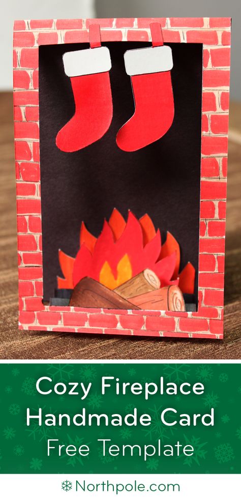 Make this Cozy Fireplace Card with FREE printable template in the Northpole.com Craft Cottage Craft Fireplace, Fireplace Craft, Fireplace Cottage, Craft Cottage, Cottage Cozy, Making Ornaments, Craft Easter, Festive Crafts, Fun Christmas Crafts