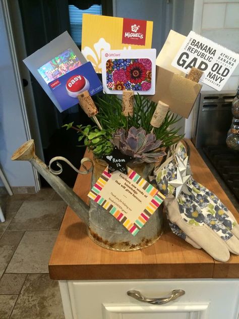 Gardening Teacher Gifts, Teacher Gardening Gifts, Garden Themed Gift Baskets, Watering Can Gift Basket, Flower Seed Gifts, Theme Baskets, Gift Card Bouquet, Gardening Gift Baskets, Teacher Gift Baskets