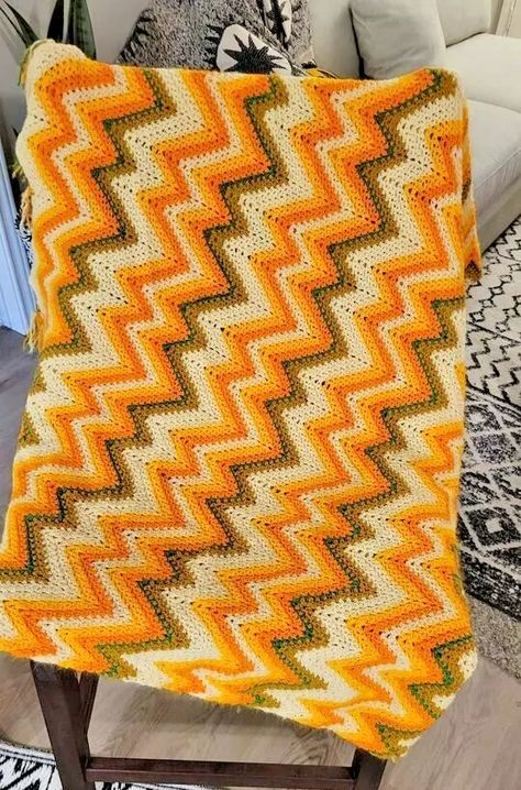 #midcenturymodern #70sdecor #mcm #zigzag #chevron #handmadeblanket #afghanblankets Click for more pics. 70’s Decor, Chevron Afghan, Vintage Blankets, Knitted Blanket, Vintage Blanket, Afghan Crochet, Afghan Blanket, Crochet Blankets, Handmade Blanket