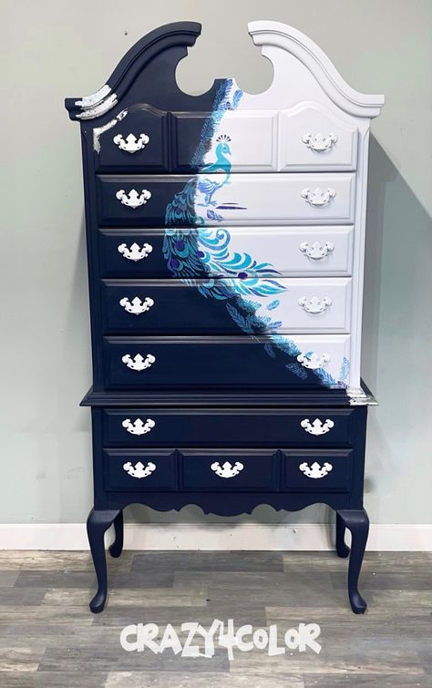 High Boy Dresser, Refurbished Furniture, Silver Leaf, Furniture Ideas, Navy White, Antique Furniture, House Decor, Dresser, New Homes