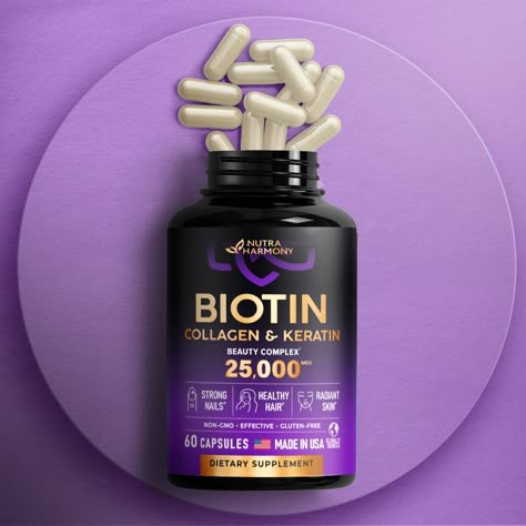 Biotin Supplement, Supplements Packaging, Nail Vitamins, Pill Bottle, Visual Communication Design, Hair Supplements, Hair Growth Supplement, Skin Nails, Supplements For Women