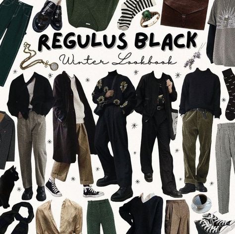 Sirius Black Outfit Aesthetic Men, Harry Potter Outfit Ideas Men, Dark Acedamia Outfit Ideas Male, Regulus Black Wardrobe, Dark Academia Capsule Wardrobe Men, Regulus Inspired Outfits, Masc Dark Academia Outfits Summer, Masculine Academia Outfits, Black Academia Outfit Men