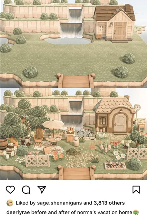 Animal Crossing Cottagecore Villagers House, Achn Villagers Houses, Acnh House Exterior Customization Ideas, Villager House Animal Crossing, Acnh Front Yard Ideas Cottagecore, Acnh Neighborhood Designs Cottagecore, Acnh Home Exterior Design Cottagecore, Hhp Acnh Ideas Outside, Acnh Terrace