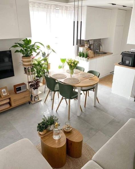 Small Round Dining Table In Living Room, Living Room With Round Table, Small Living And Kitchen Room Ideas, Home Interior Design Living Room Small Spaces, Kitchen With Round Table, Cozy Dining Room Small, U Kitchen Layout, Combined Living And Dining Room Small, Boho Kitchen Table