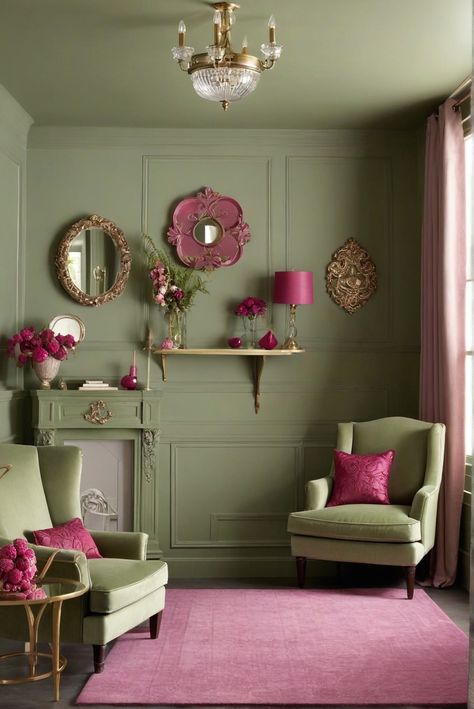 Why Unexpected Allure? Sage Green and Raspberry Setting Room Wonders [2024] Explored! #Ad #homedecor #homedesign #fixhome #Painthome #interiorarchitecture Raspberry Interior Design, Olive Green And Pink Living Room, Sage Green And Pink Decor, Pink And Green Walls, Burgundy And Green Living Room, Pink And Green Home Decor, Olive Walls, Pink And Green Living Room, Sage Green Interior