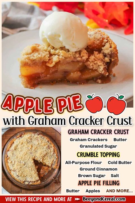 Make an apple pie with graham cracker crust and crumb topping with this simple recipe. Packed with warm flavors and crisp apples, this recipe is almost too good to share. Apple Pie Gram Cracker Crust, Graham Cracker Crust And Apple Pie Filling, Graham Cracker Apple Pie, Apple Dessert With Graham Cracker Crust, Graham Cracker Crust Apple Pie, Apple Pie With Graham Cracker Crust, Apple Pie Graham Cracker Crust, Apple Pie Filling Recipes Desserts, Caramel Dutch Apple Pie