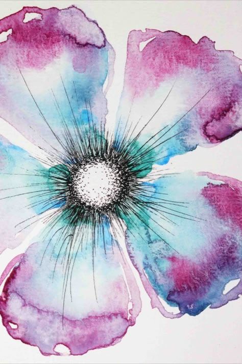 How I paint flower from DOTS !!! Watercolour Abstract Flowers, Pen And Wash Watercolour Ink Drawings, Abstract Flower Painting Watercolour, Abstract Watercolor Flowers Tutorial, Watercolour Inspiration Flowers, Water Colour Flower Paintings, Watercolor And Ink Flowers, Abstract Flower Drawing, Watercolor Flowers Easy