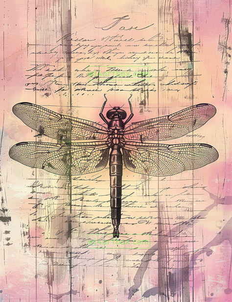 The image depicts a single dragonfly with detailed wings, placed against a pastel-colored background with handwritten text and artistic splatters. Art Dragonfly, Vintage Script, Vintage Dragonfly, Vintage Collage, Collage Paper, Old World Charm, Center Stage, Dragonflies, Nature Beauty