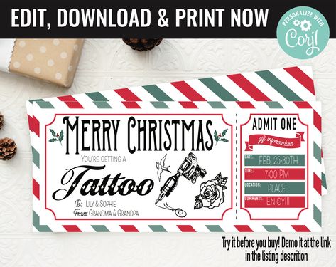 Christmas Surprise Tattoo Ink Gift Voucher, Tattoo Gift Present Printable Template Gift Card, Editable Instant Download Gift Certificate - Etsy Portugal Free Printable Gift Certificate Template, Tattoo Gift Card, Free Printable Gift Certificates, Christmas Vouchers, Christmas Gift Vouchers, Printable Gift Certificate, Tattoo Themes, Christmas Tattoo, Studio Tattoo