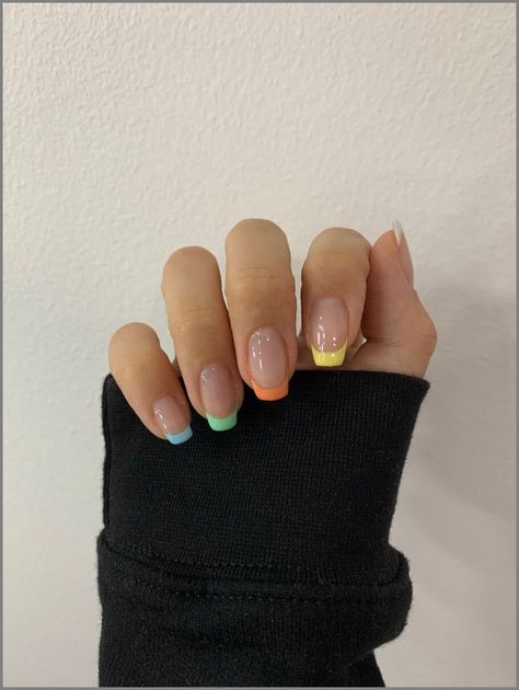 Coloured Tip Gel Nails, Coloured Gel Nails, Colourful French Tip Nails Short, Colourful Tips Nails, French Nails Colored Colour, French Colour Nails, Colourful Gel Nails, Colour French Nails, Coloured French Tip Nails